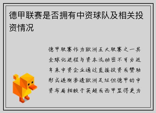 德甲联赛是否拥有中资球队及相关投资情况